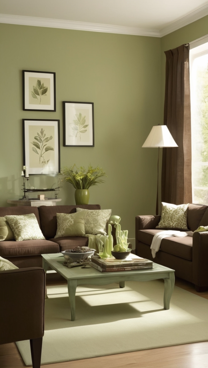 sage green sofa, dark brown furniture, living room decor ideas, sage green walls, dark brown couch