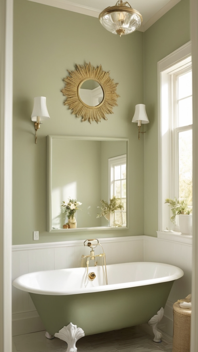 sage green bathroom decor, gold bathroom accessories, luxury bathroom remodel, elegant bathroom design, high-end bathroom fixtures