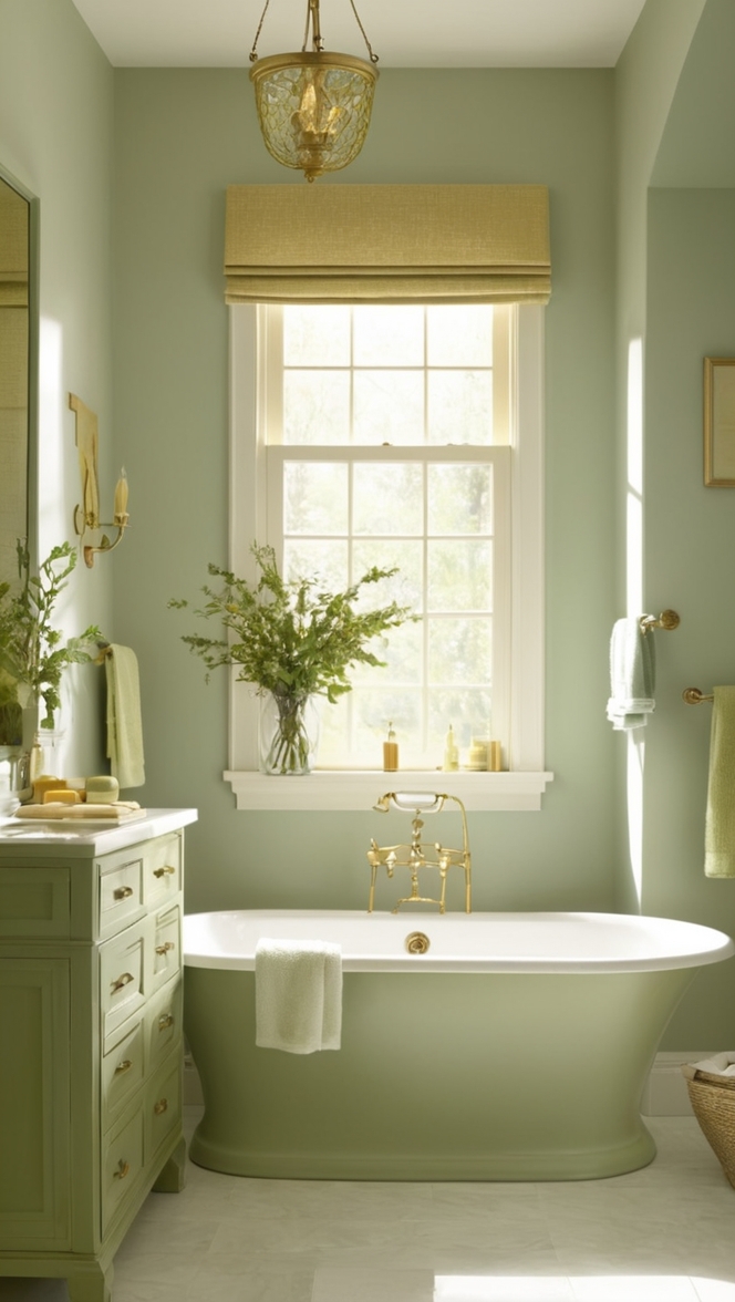 sage green bathroom decor, gold bathroom accessories, luxury bathroom remodel, elegant bathroom design, high-end bathroom fixtures