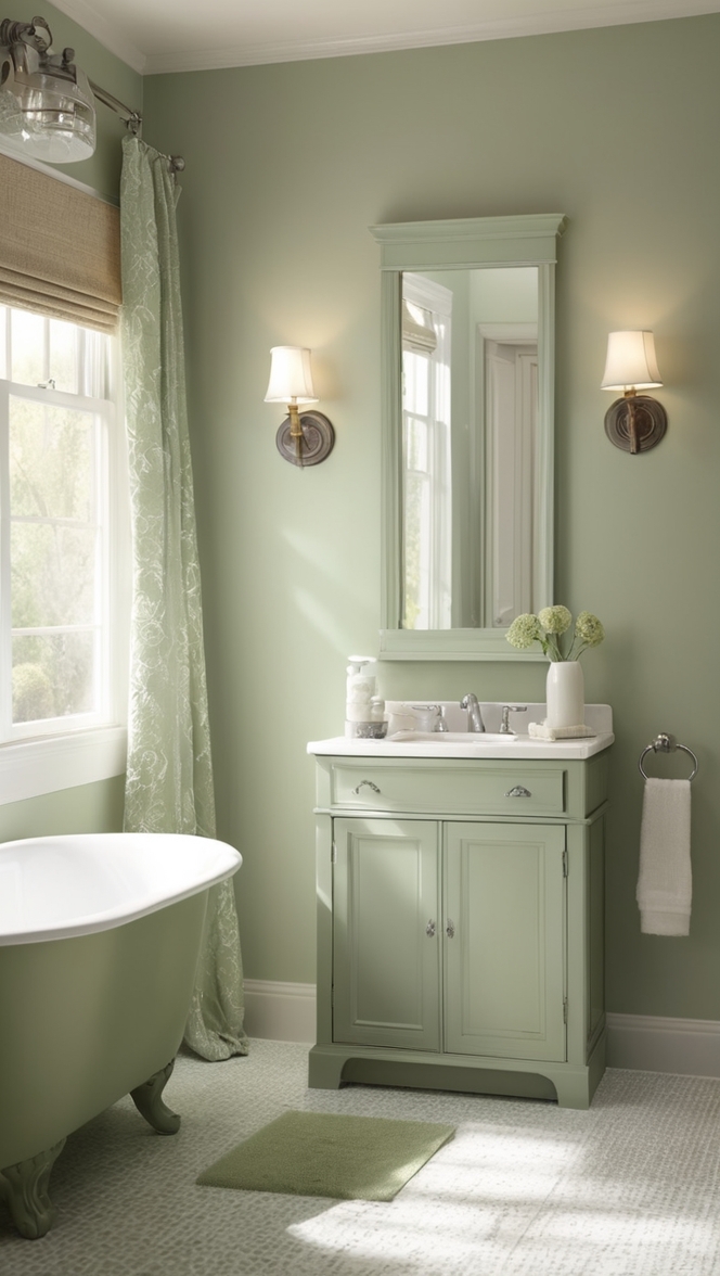 sage green bathroom decor, grey bathroom design, modern bathroom ideas, neutral bathroom colors, elegant bathroom remodel
