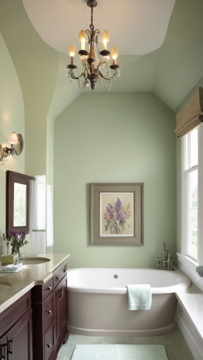 sage green bathroom decor, purple bathroom accessories, sage green wallpaper, purple bath mats, sage green shower curtain