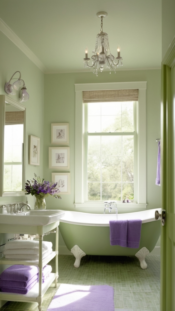 sage green bathroom decor, purple bathroom accessories, sage green wallpaper, purple bath mats, sage green shower curtain