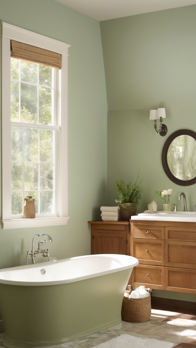sage green paint, wood bathroom vanity, green wall tiles, wooden bathroom accessories, sage green towels