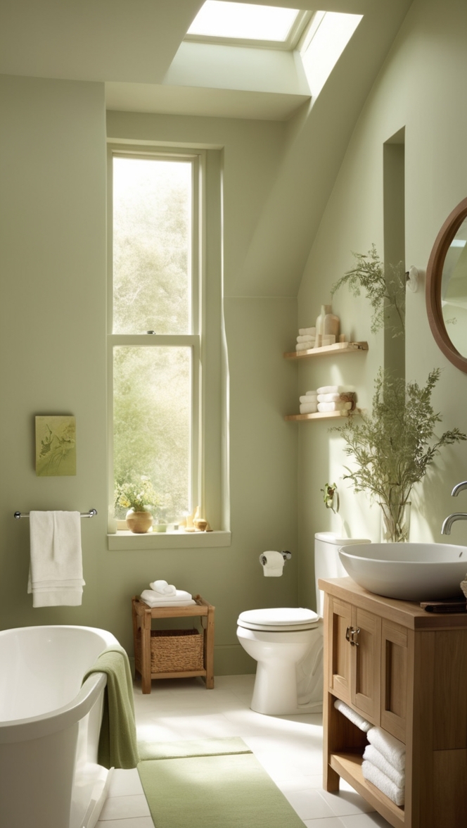 sage green paint, wood bathroom vanity, green wall tiles, wooden bathroom accessories, sage green towels