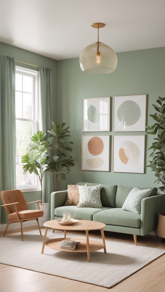 sage green decor, sage green living room, green apartment decor, aesthetic living room, apartment decorating ideas