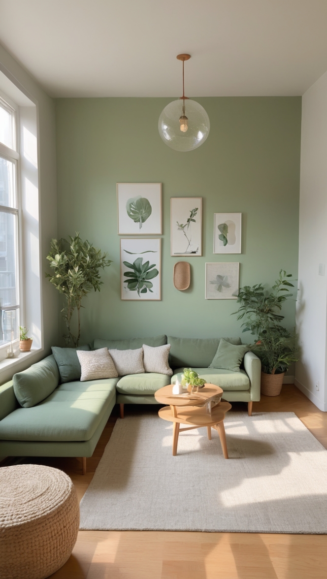 sage green decor, sage green living room, green apartment decor, aesthetic living room, apartment decorating ideas