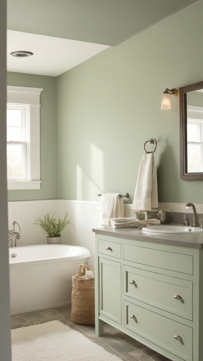 farmhouse bathroom remodel, sage green decor, rustic bathroom design, vintage farmhouse style, modern farmhouse bathroom