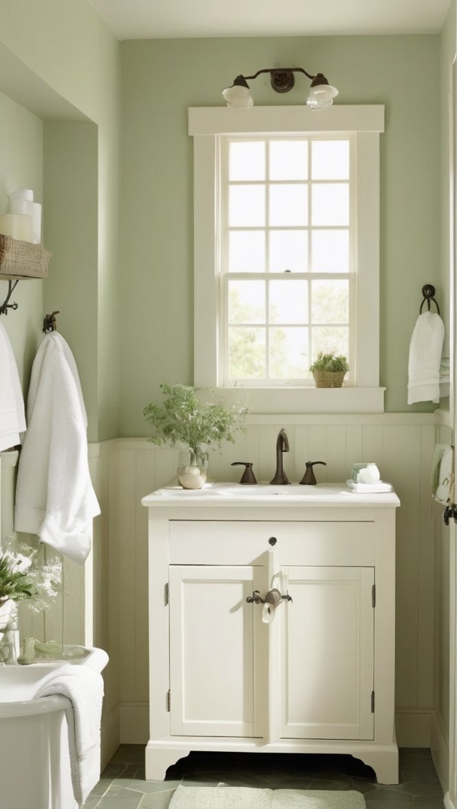 farmhouse bathroom remodel, sage green decor, rustic bathroom design, vintage farmhouse style, modern farmhouse bathroom