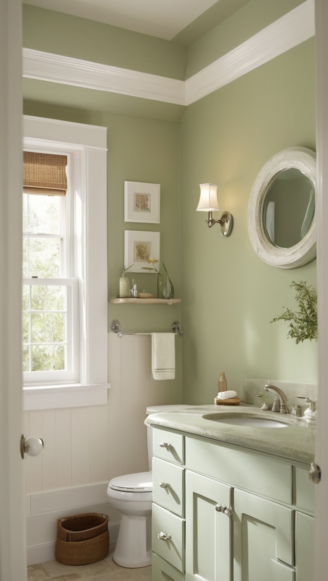 sage green tile, sage green vanity, sage green paint, small bathroom remodel, bathroom renovation