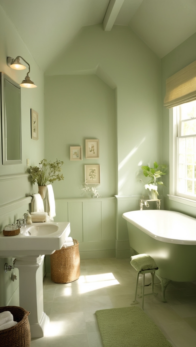 sage green tile, sage green vanity, sage green paint, small bathroom remodel, bathroom renovation