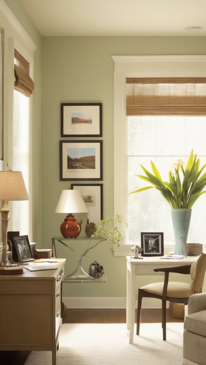 small office space design, workspace in living room, minimalist home office, home office setup, cozy home office