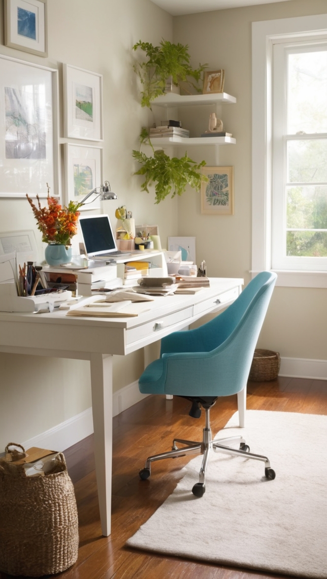 small office space design, workspace in living room, minimalist home office, home office setup, cozy home office