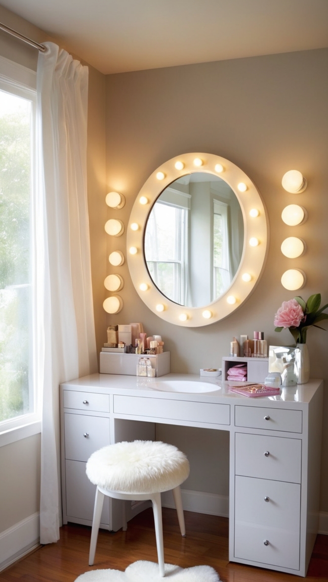 vanity mirror with lights, makeup vanity table, floating vanity, vanity stool, corner vanity table