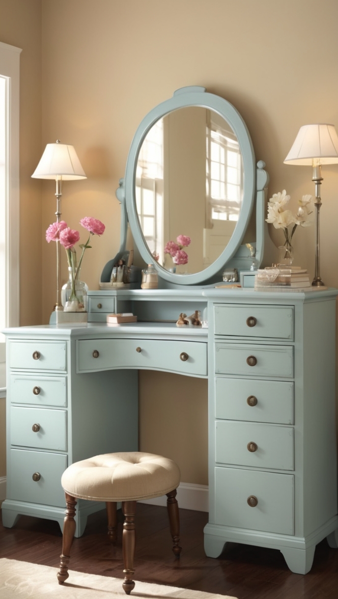 makeup vanity ideas, luxury vanity table,  elegant dressing table, stylish makeup station, chic bedroom vanity