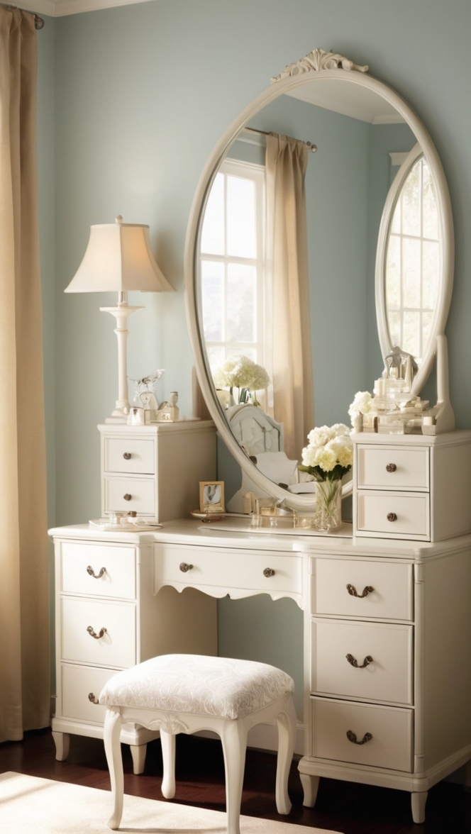 makeup vanity ideas, luxury vanity table, elegant dressing table, stylish makeup station, chic bedroom vanity