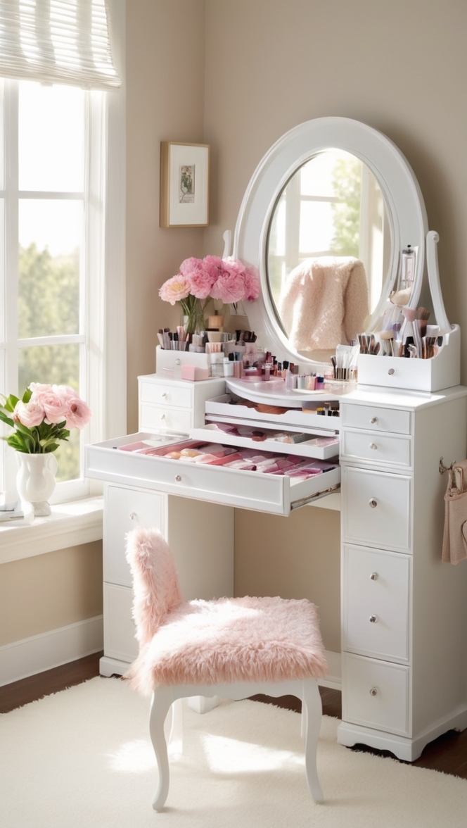 bedroom organization ideas, bathroom vanity organization, makeup storage ideas, closet organization tips, small space organization