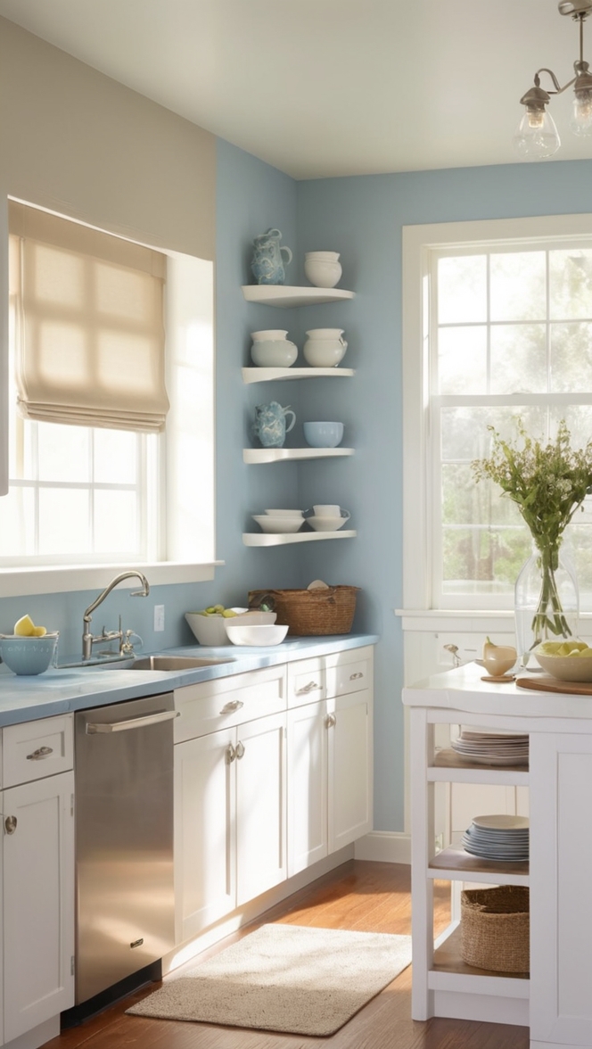 white kitchen design, modern blue kitchen, white cupboards design, blue backsplash ideas, farmhouse white kitchen