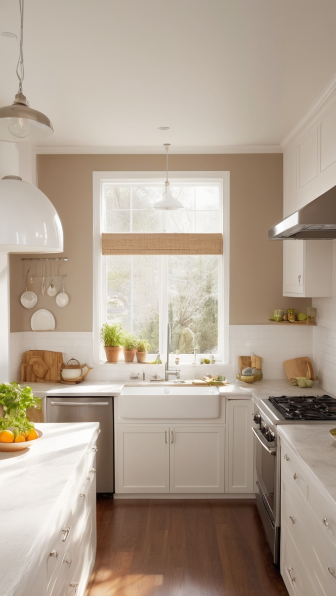 White kitchen cabinets, Brown kitchen countertops, Modern kitchen design, Kitchen renovation, Quartz countertops