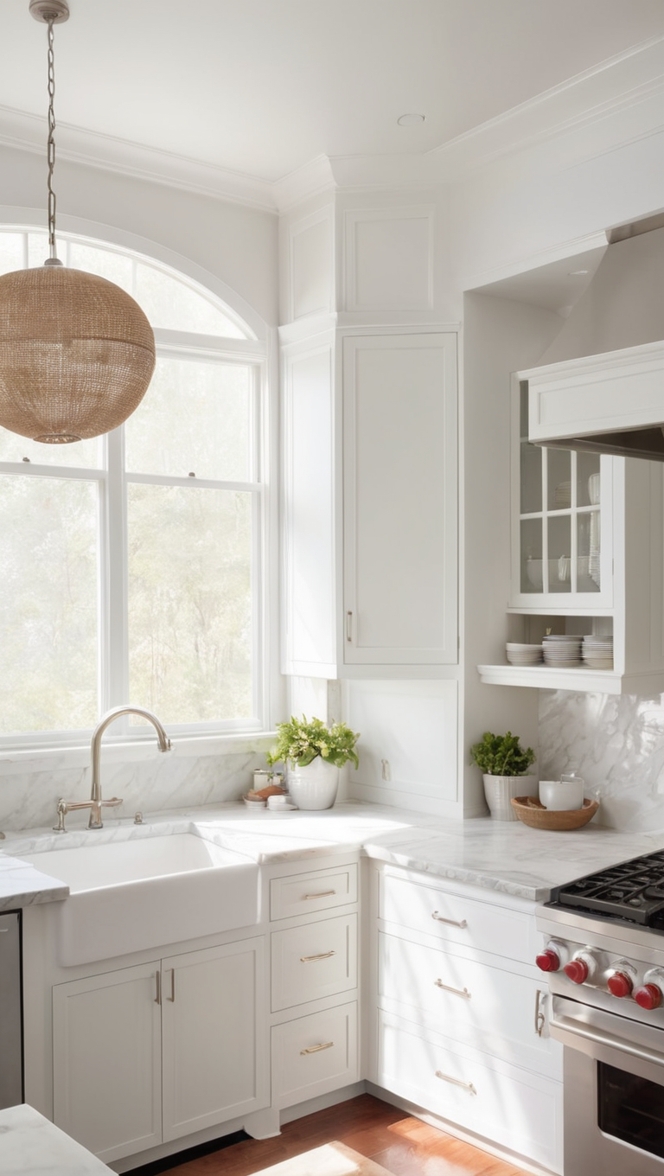 white marble countertops, marble kitchen island, kitchen marble backsplash, white marble flooring, marble kitchen design