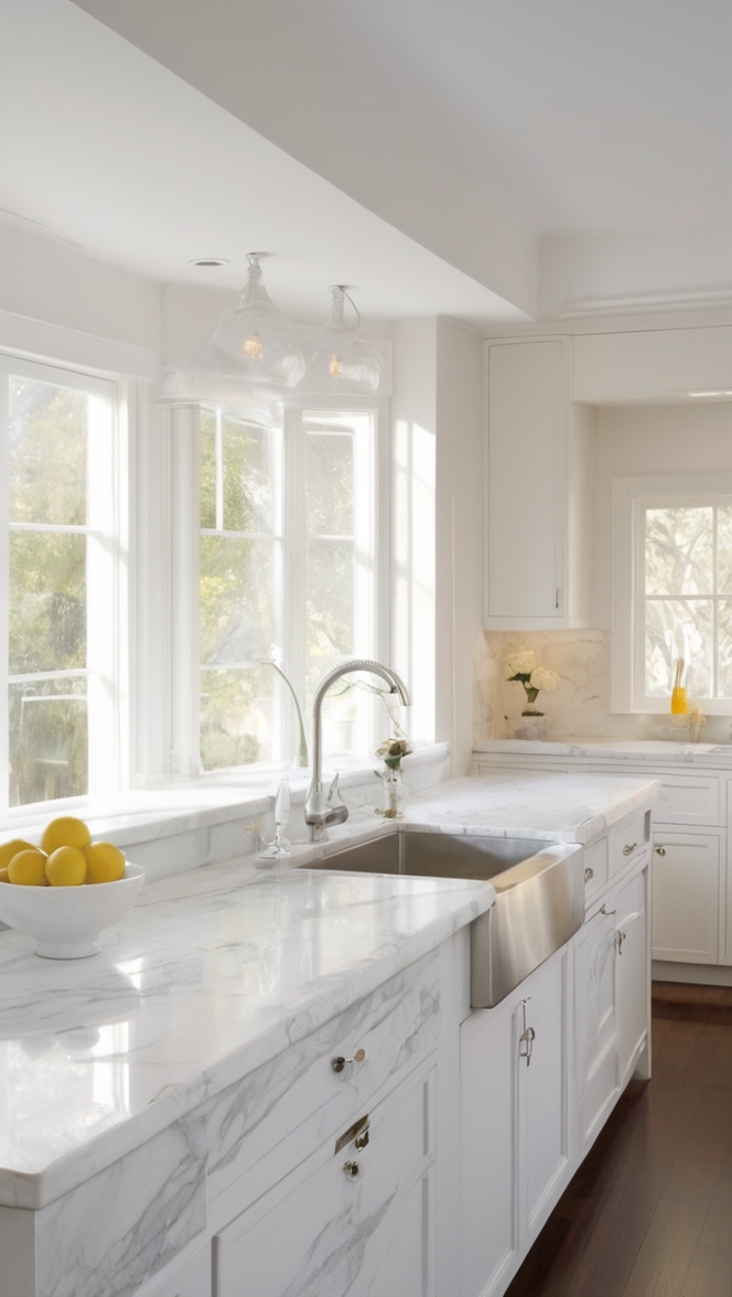 white marble countertops, marble kitchen island, kitchen marble backsplash, white marble flooring, marble kitchen design